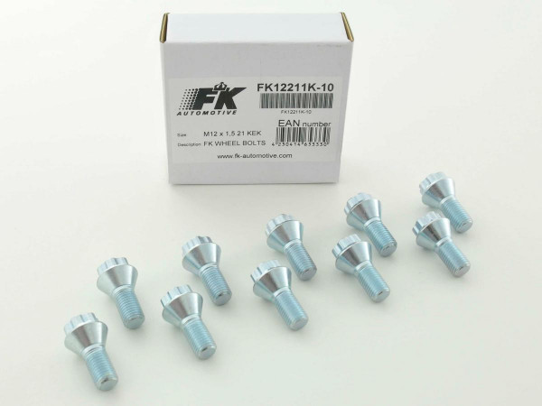 Wheel bolts Set (10 pieces), M12 x 1,5 21mm short head silver