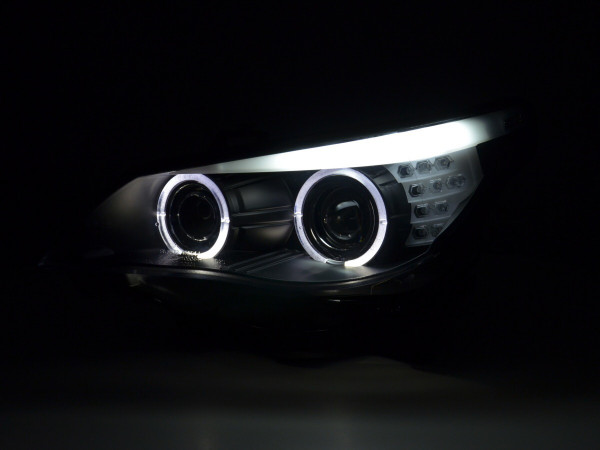 Headlight Set Xenon Angel Eyes LED fits BMW 5 Series E60/E61 (2005–2008) black right-hand drive