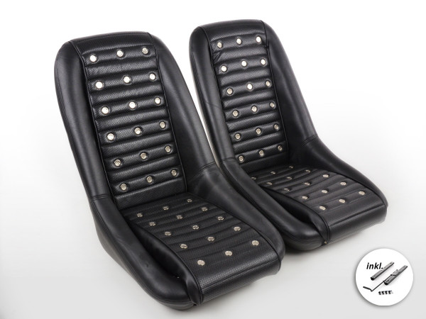 FK Oldtimersitze Auto Vollschalensitze Set Classic 1 Kunstleder schwarz mit Kopfstütze inkl. Laufsch