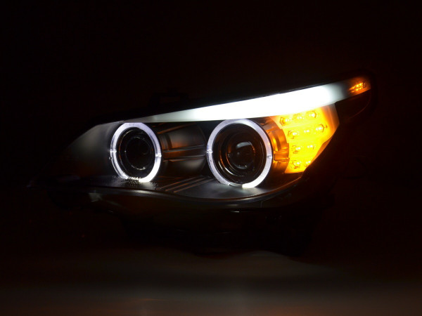 Headlight Set Xenon Angel Eyes LED fits BMW 5 Series E60/E61 (2005–2008) black right-hand drive